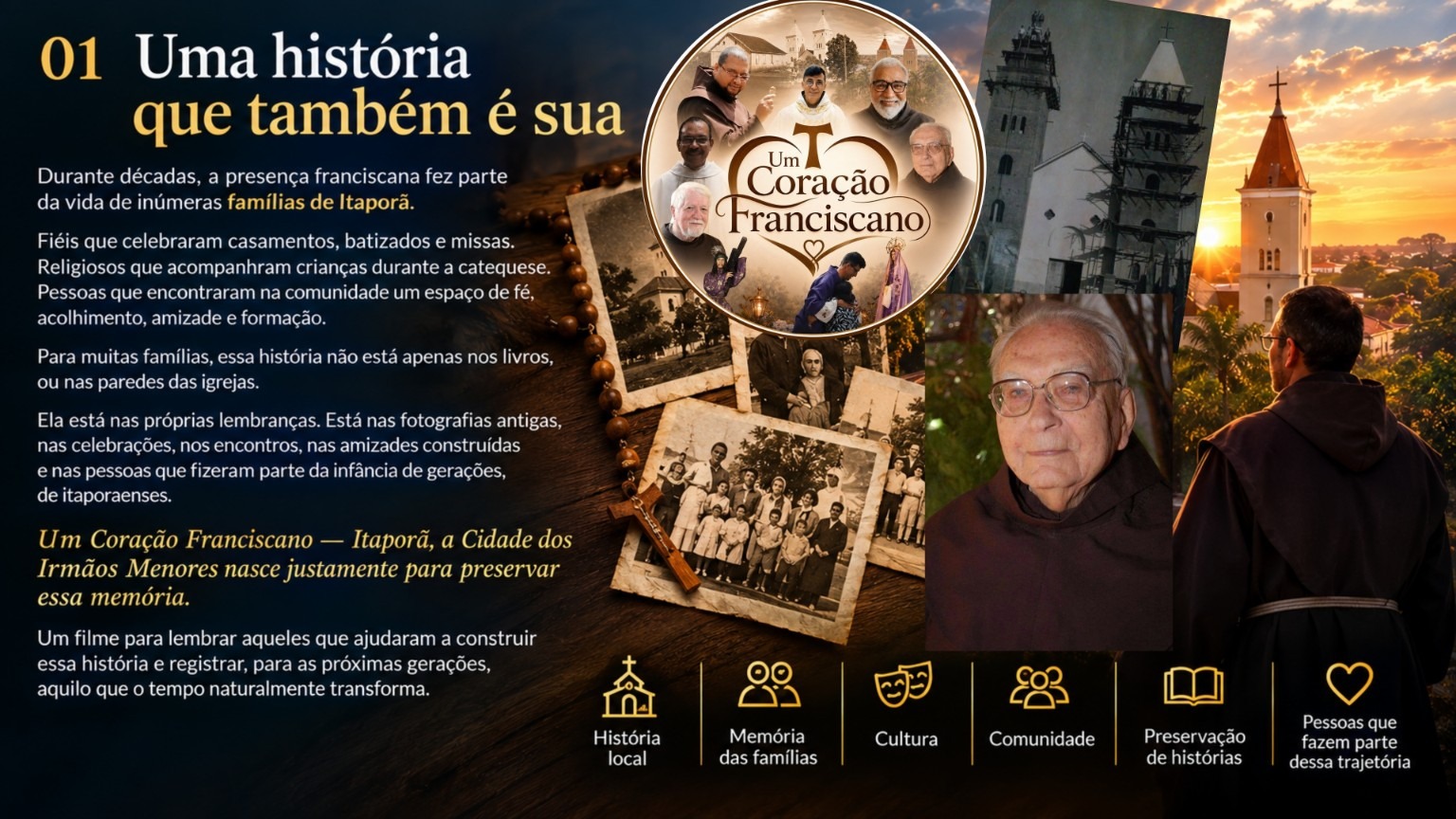 Painel visual sobre a memória das famílias de Itaporã e a presença franciscana