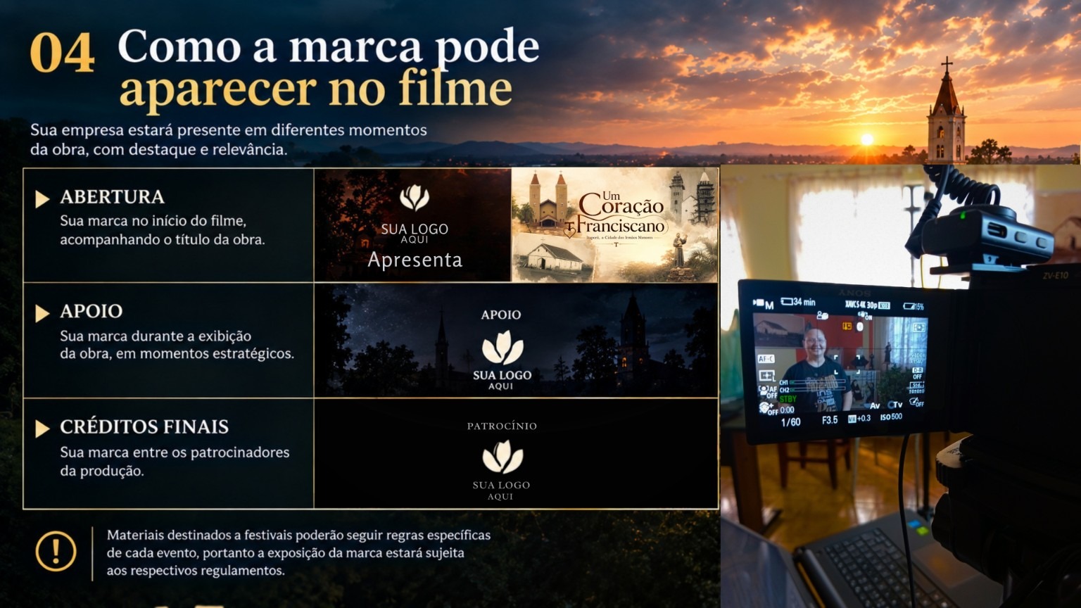 Exemplos visuais de marca na abertura, no apoio e nos créditos finais do filme